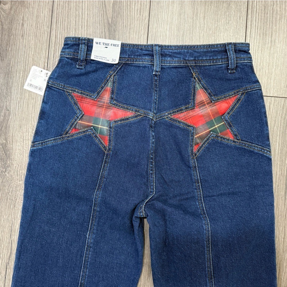 NWT Free People Firecracker Jeans Holiday Tartan Stars Blue Plaid Size 30 - Picture 13 of 13